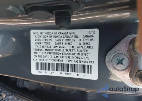 2013 Honda Civic Lx z USA, uszkodzony, nr VIN 2HGFB2F53DH593164